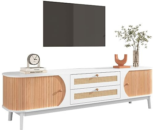 HAINEW Landhausstil TV Schrank TV Lowboard mit Türen und Rattan Schubladen, TV-Ständer mit Rattanseiten, Fernsehschrank für Wohnzimmer Esszimmer (Weiß und Holzfarbe)