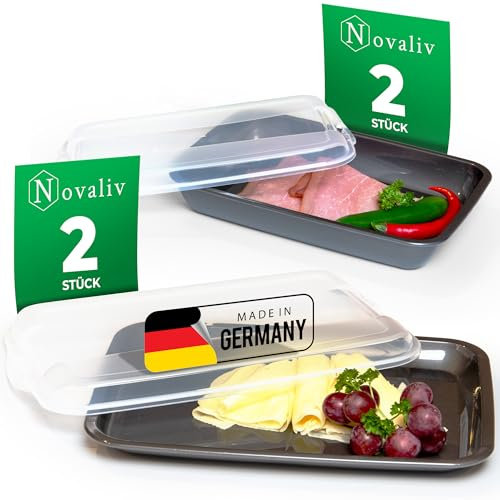 Novaliv Juego de 2 fiambreras planas y 2 de alto, color antracita, con tapa transparente, para embutidos y quesos, dimensiones 25 x 17 x 3 cm, 25 x 17 x 5 cm, organizador para frigorífico, caja de pan