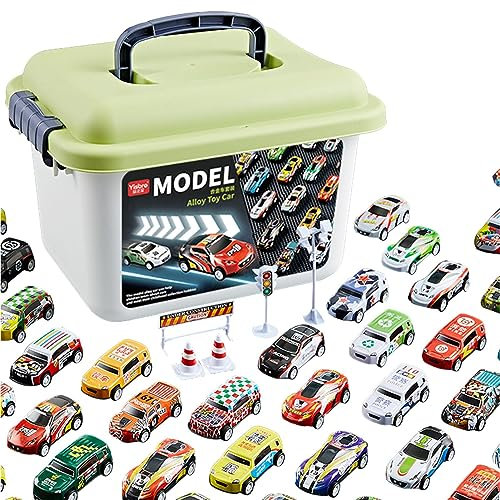 Povanjer 30/50/70 Pièce Lot Petites Voitures Jouets Metal Voiture Jouet Enf-Ant Cascadeuse Voitures De Course Apporter Valise avec Et Panneau Routier De Course pour 1 2 3 4 5 Ans Enf-Ant