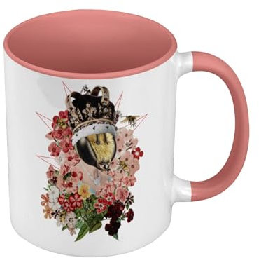 Tazza di colore di qualità premium rosa – Regina Elisabetta Ape Collage Art Surrealismo Fiori – Tazza con manico e interno di colore