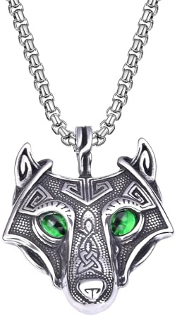 OIDEA Herren Wikinger Wolfskopf Halskette: Wolf Kopf Halbmond Thors Hammer Anhänger mit Weizenkette Odin Glocke Speer Spartaner Helm Nordisch Viking Schmuck Geschenk für Männer