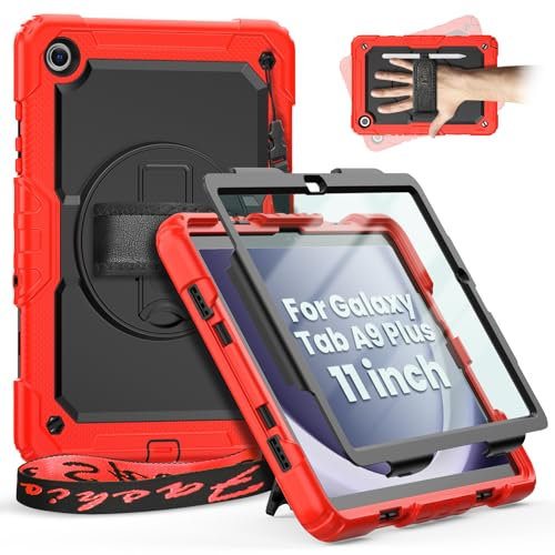Timecity Case for Samsung Galaxy Tab A9 Plus/ A9+ 11 Inch 2023 (SM-X210/X216/X218), Shockproof Cover with Screen Protector, 360 Rotating Stand/Hand Strap/Pencil Holder for Samsung A9+ Tablet Case, Red