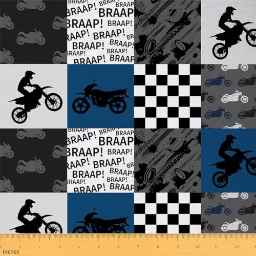 Motorrad Stoff von The Yard für Möbel,Extreme Sport Motorcross Stoff für Stühle DIY,Schwarz-Weiß Plaid Checker Outdoor Stoff Handwerk Hobby,184x150