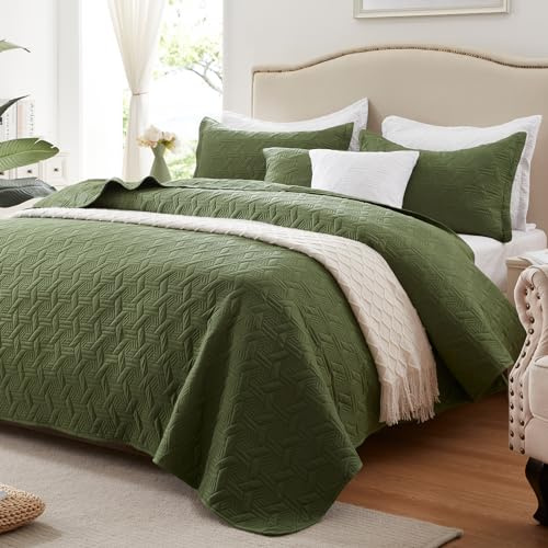 Leaonme Set di trapunta oversize California king size, leggero, verde oliva, 300 x 269 cm, morbido, set di biancheria da letto estivo per tutte le stagioni, 3 pezzi (include 1 trapunta, 2 federe)