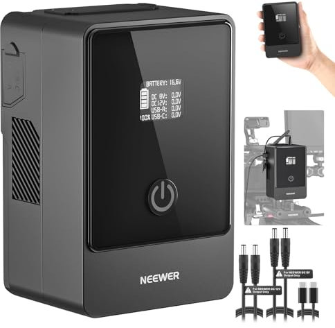 NEEWER Mini Batteria V Mount PS099E, 6800mAh 99Wh 14,5V, Batteria V Lock con Cavo Tipo C/DC5521/DC5525, Display OLED, Ricarica Rapida 65W PD USB C, D Tap/BP/USB A/Uscita DC per Videocamera Monitor