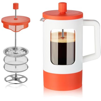 YOLIFE French Press Coffee Maker, 21 oz Small Coffee Tea Press with Heat-resistant Borosilicate Glass, 4-Level Filtration Systems, Portable Coffee Pot for Camping Travel Gifts, White and Orange