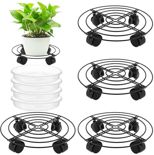 Beautywen Lot de 4 grands bacs à plantes en métal de 26,7 cm avec roulettes, chariot de jardin avec base de déplacement pour extérieur et intérieur, grand pot de fleurs
