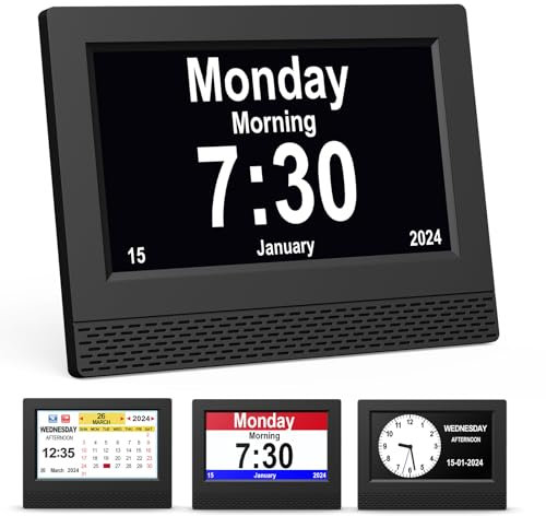 Ykall Digital Calendar Alarm Clock, 7 HD Large Screen Display, New Multiple Clock Modes Auto-Dimming Clock, Non-Abbreviated Day Date for Alzheimer's and Dementia Memory Loss Impaired Vision