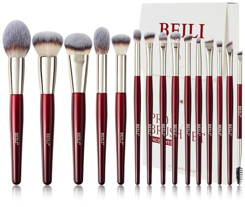 BEILI Brochas de Maquillaje,15 PCS Set de Brochas de Maquillaje Veganas,Base en Polvo Sombra de Ojos Mezcla Corrector Juego de Brochas para Pliegues Pinceles para Delineador de Cejas
