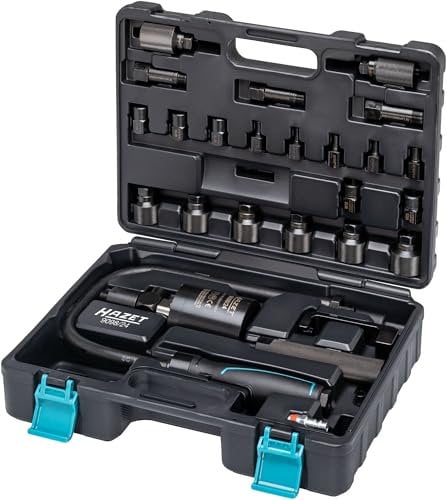 Hazet Injektor-Schlagauszieher pneumatisch 9098/24, 24-teilig, Schonender Ausbau von Diesel Injektoren, Vermeidung von Zylinderkopfschäden, Inklusive 21 Adapter für Verschiedene Marken