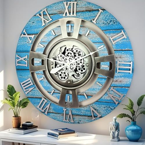 ImprovingLife The Gears Clock Real Moving Gear Wanduhr England Line (Ozeanblau, 60 cm)