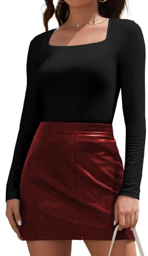 Joyshaper Women Long Sleeve T Shirts Basic Tops Ladies Square Neck Blouses Casual Solid Color Undershirts Black,XL