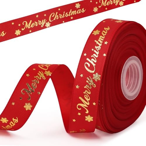 BETESSIN 18m Geschenkband Weihnachten Rot - Weihnachten Schleifenband Breit 20mm - Merry Christmas Ripsband mit Schneeflocken Motiv - Dekoband für Weihnachtsdeko, Weihnachtsbänder