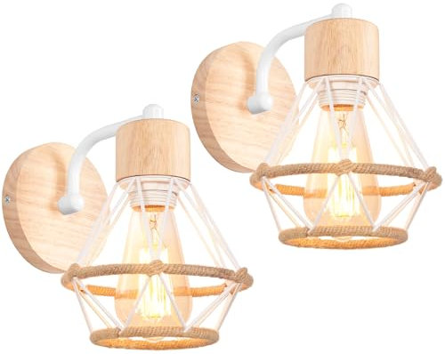 TOKIUS Lot de 2 Appliques Murales Interieur Vintage Industrielle Plafonnier Luminaire E27 en Métal Lampe Murale Industrielles Rétro Réglable 180° éclairage Mural Cuisine Salon (Blanc-A-avec bois-2)