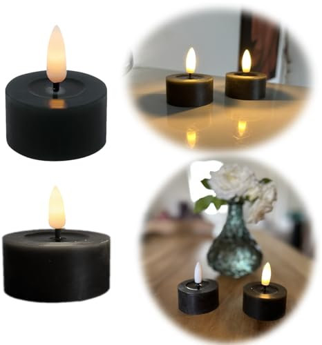 LS-LebenStil Real Flame 3D 2x Teelichter Ribe Schwarz 4,5cm Deluxe Echtwachs Wachsspiegel flackernde Kerzen