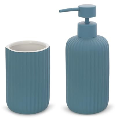 Inbagno Set Accessori Bagno 2 Pezzi in Ceramica Blu Pastello cannettato, Dispenser Sapone e portaspazzolini Soft Touch, Spring