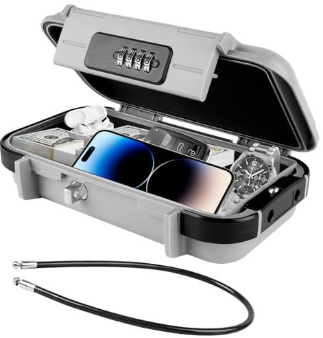 flintronic Caja Fuerte Pequeña, Cajas Fuertes Portátil, Caja de Seguridad con Código, Impermeable y Antirrobo, con Cuerda de Alambre Extraíble, Reajustable para Playa, Viajes, Hotel, Oficina-Gris