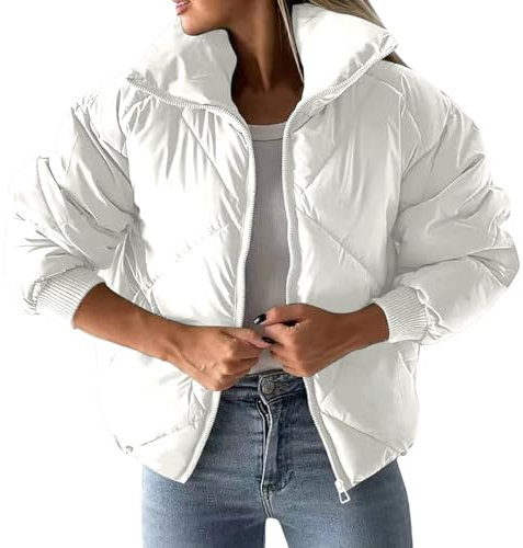 Generisch Puffer Jacke Damen Winterjacke Damen Warm Wintermantel Daunenjacke Damen Winter Steppjacke Winterparka Damen Zipper ReißVerschluss Jacke Oversized Sweatshirt Top Coat Women(White,M)