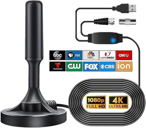 Antenne TV Intérieur TNT HD, 2024 Dernières Antenne TV Intérieure avec amplificateur, 400km+ Réception Longue Portée à 360°,UHF VHF Salon, Caravane Camping-Car, Base magnétique Forte (New-TV)