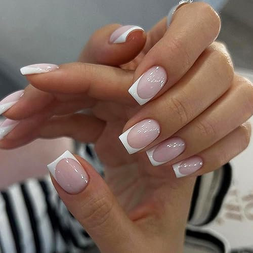 Press on Nails kurz - 24 Stück Weiße Französische Nägel Fake Nails Full Cover mit Nagelkleber, Quadratische Nägel zum Aufkleben Acryl Künstliche Fingernägel für Nail Art (White French A, 24x)