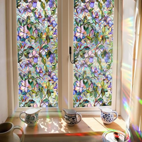 GORGECRAFT Película para Ventana de Vidrio de Colores de 100x43cm Calcomanías Decorativas para Ventana con Arcoíris En 3D Calcomanías No Adhesivas con Control de Calor Vinilo UV Que Bloquea el Sol