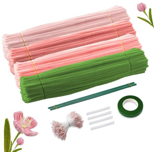 400 Stück Pfeifenreiniger zum Basteln, Pfeifenputzer Rosa Chenilledraht Pfeifenreiniger, Blumenstrauß Pfeifenreiniger Blumen Set Pfeifenreiniger Grün Pfeifenputzer für DIY Basteln und Dekorieren
