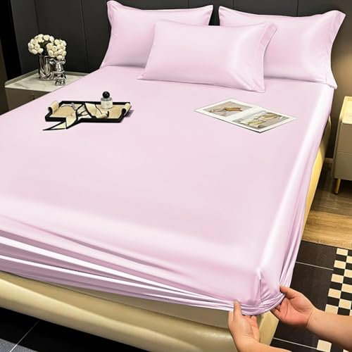 Gezu Satin Spannbettlaken 200x200cm Rosa Glänzend Uni Seide Seide Glänzend Bettlaken Hochwertiges Deluxe Unifarben Spannbetttuch 200x200cm Microfaser Bettlaken für bis 10-30cm Matraze