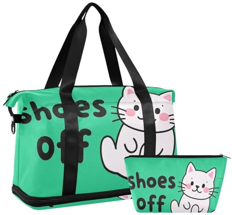 Shoes Off Sac fourre-tout pliable avec motif chat blanc mignon et amusant avec trousse de toilette pour entraînement, chaussures off dessin animé mignon drôle chat blanc, 1 size