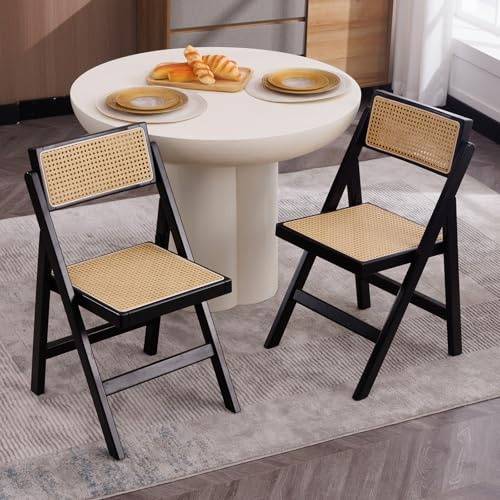 Ya-Home Esszimmerstühle klappbar 2er Set, Klappstühle Rattan, Schwarz | Küchenstühle Holz ohne Armlehne, Essstühle Akzentstühle für Küche & Balkon