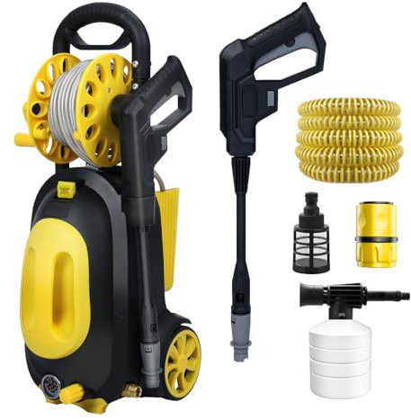 Electric Pressure Washer,1400W 100Bar 360L/H 1.5kw,Jet Washers/Pressure Washers on Wheels,Snow Foam High Power Washers for Patio/Car/Garden/Yard/Fences/Driveways (Yellow)