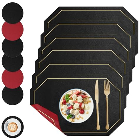 Tischsets mit Untersetzern, zweifarbig, PU-Leder, 30 x 20 cm, abwischbar, rutschfest, hitzebeständig, für Küche, Esszimmer, Zuhause, Hotel, Schwarz, Rot, 6 Stück