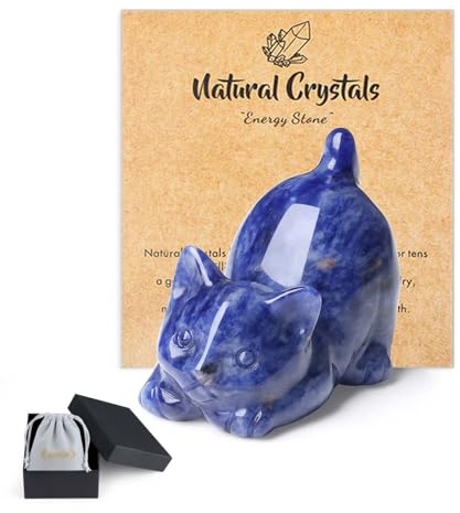 QINJIEJIE Blue Sodalite Crystal Cat Ornaments Cat Gifts for Women | Good Luck Cats Themed Statue Home Office Desk Decor, Spiritual Crystal Gifts for Lovers Men Christmas Presents