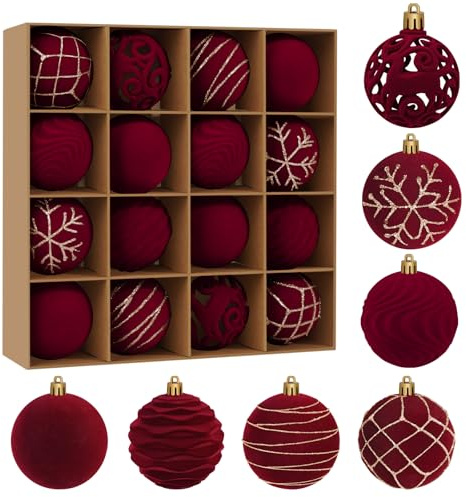 Miaikoe 16pcs Samt Weihnachts Ornamente Kugeln Sets für Weihnachten, Kunststoff zerstörungsdicht Weihnachtsbaum Flocked 6 cm Ornamente Kugeln für Winter Urlaub Dekor (Burgund)