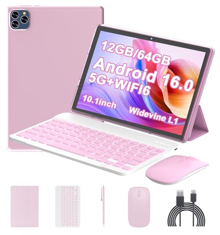 ICONLINK Android 16 Tablet 10 Inch, 12(3+9) GB RAM+64GB ROM, 2 in 1 Tablets with Keyboard Case Mouse Stylus, 2.0GHz Five-core Processor, 1280 * 800 IPS HD Screen, 5G WiFi6 BT 5.3 Tableta PC