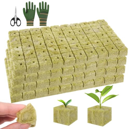 Kuvarix 200 Stück Steinwolle Anzucht, Natur Steinwolle Würfel 2.5x2.5x2.5cm, Easy Plug Anzuchtwürfel mit Schere Handschuhe, Natur Rockwool für Bodenlos Hydrokultur Stecklinge Anzucht Stecklinge