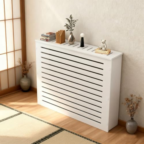 Heizkörperverkleidung mit Ablage, Lamellengrill & Aufbewahrungsoberseite, Latten-Design zum Verstecken unschöner Heizkörper für Wohnzimmer, Schlafzimmer, Home Office & Flur