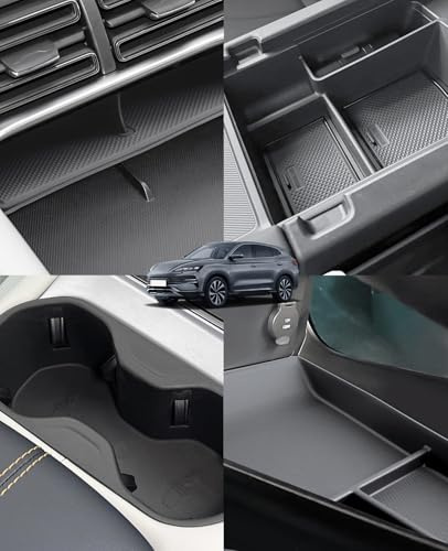 GAFAT [4 Stück] Kompatibel mit 2025 BYD Seal U DM-i EV 2024-2026 Mittelkonsole Aufbewahrungsbox-Set, 1 Armlehne Organizer & 1 Vor dem Schalthebel, 1 Untere Ablagen & 1 Getränkehalter aus TPE