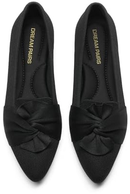 DREAM PAIRS Balettballerinaskor för kvinnor, Svart, 40 EU | Stickad, spetsig tå, rosett, fotvalvstöd, vikbar, bekväm, andningsbar, klänning, arbete, kontor, avslappnad
