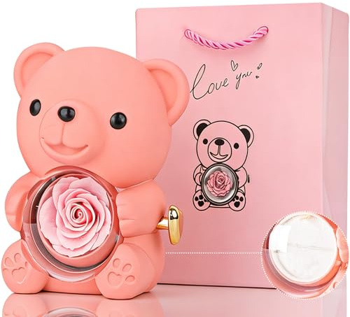 Romantic Teddy Bear with Preserved Rose Heart,Valentines Gifts for Her,Hidden Jewelry Box,Eternal Pink Rose Teddy Bear Gift for Women Girl Her Valentines Day,Mothers Day,Birthday,Wedding,Bridal Shower