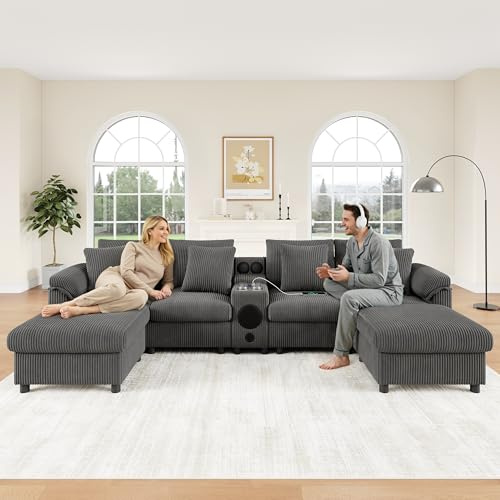 JCFEIDQW U-förmige Modulare Cloud Couch 3-Sitzer – Verwendbar als L-Form mit Lautsprecher und Konsole, Ecksofa mit Stauraum, Kuscheliger Cord-Bezug für Wohnzimmer in der Wohnung, Grau