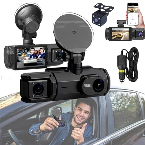 2026 New Three Lens Driving Recorder, Wireless Car Camera Dash Cam Cordless, High-Definition 1080p 3 Lens Car Dvr Dash Cam With Night Vision, Motion Detection Monitor (Triple-camera)