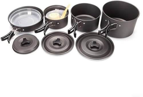 Compact Portable Cookware Set for Camping Includes Non-Stick Aluminum Pots Pans Bowls Cutlery and Mesh Carry Bag