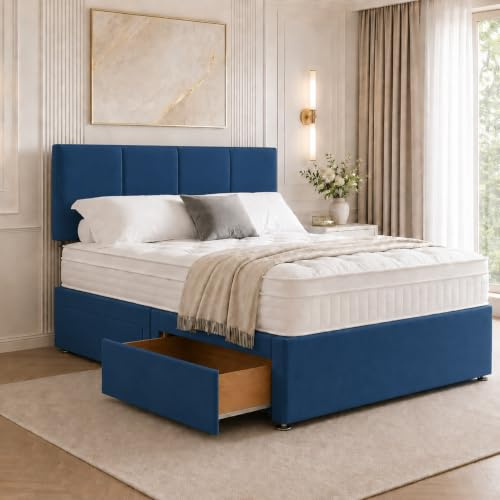 Sleep Tailors Single Bed With Mattress Included 2 Drawer Storage, Plush Velvet 3FT Divan Frame Memory Foam Single Bed (Blue)