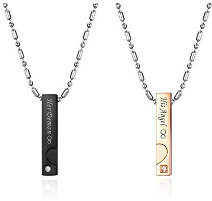 JewelryWe Valentinstag Pärchen Halskette Freundschaftsketten mit Quader Anhänger Edelstahl Zirkonia Partnerketten mit Gravur His Angel Her Demon Schwarz Gold