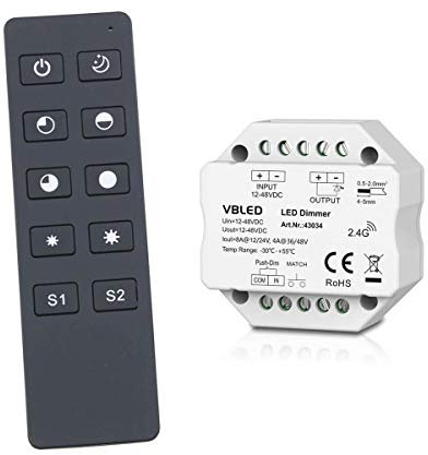 VBLED© INATUS SET - Funk Dimmer 12-48V DC incl 1-Kanal Fernbedienung IP20 8A 12V DC = bis 96W / 24V DC = bis 192W
