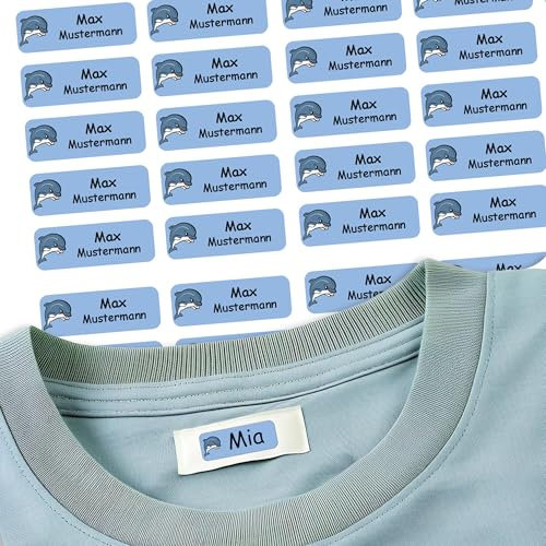 Sunnywall® 37 Selbstklebende Namensschilder & Namensaufkleber für Kleidung & Gegenstände - waschmaschinengeeignet | Ideal für Kinder, Schule und Kita (3,8x1,4 cm) (Delphin Delfin 37)