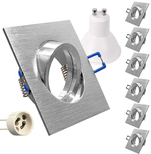 6x Hochwertiger LED Einbaustrahler Aluminium gebürstet schwenkbar mit GU10 Fassung 230V eckig + 5W LED neutralweiß Einbauleuchte Einbauspot Rahmen Rostfrei Deckenspot Strahler Spot Alu 5104