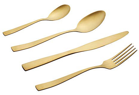 Cepewa Lot de 16 couverts en acier inoxydable 430 - Couteau, fourchette, cuillère, cuillère à café - Couverts design - Passe au lave-vaisselle - Pour 4 personnes (or mat)