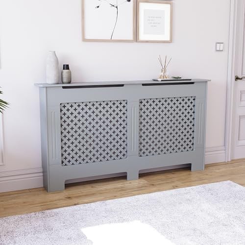 Vida Designs Oxford-Heizkörperabdeckung, moderner Grauer MDF-Schrank mit Rillen, Holzregal Oben, groß