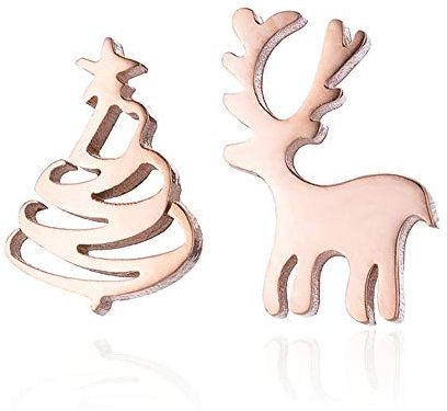 BlackAmazement 2er Set 316L Edelstahl Ohrstecker Ohrringe Tannenbaum Rentier Reindeer rose gold silber schwarz Damen (Rosegold)